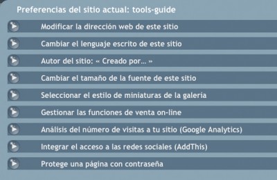 El menú de Preferencias de Sitio